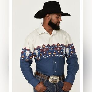 Panhandle Mens Longhorn Southwestern Border Print Pearl Snap Longsleeve